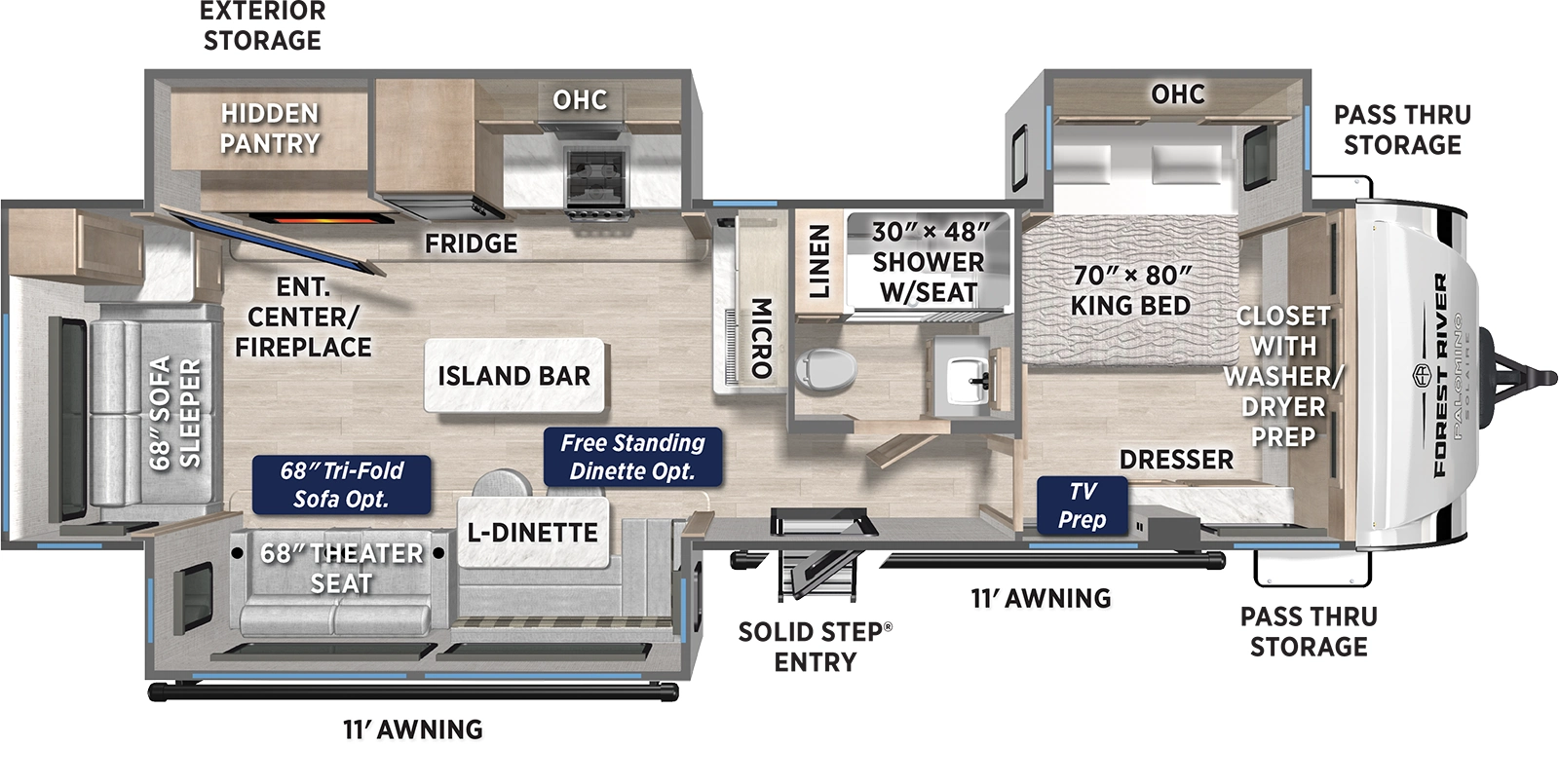 The Solaire 3380RLBT floorplan has one entry and three slide outs. Exterior features include: fiberglass exterior and 11' & 11' awning. Interiors features include: kitchen island, front bedroom and rear living.